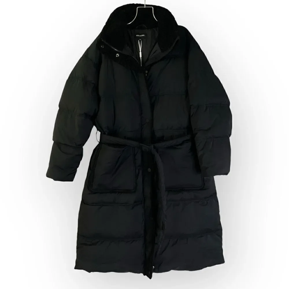 Meotine Sandie Coat Black Long Puffer S/M Down Filled Faux Fur